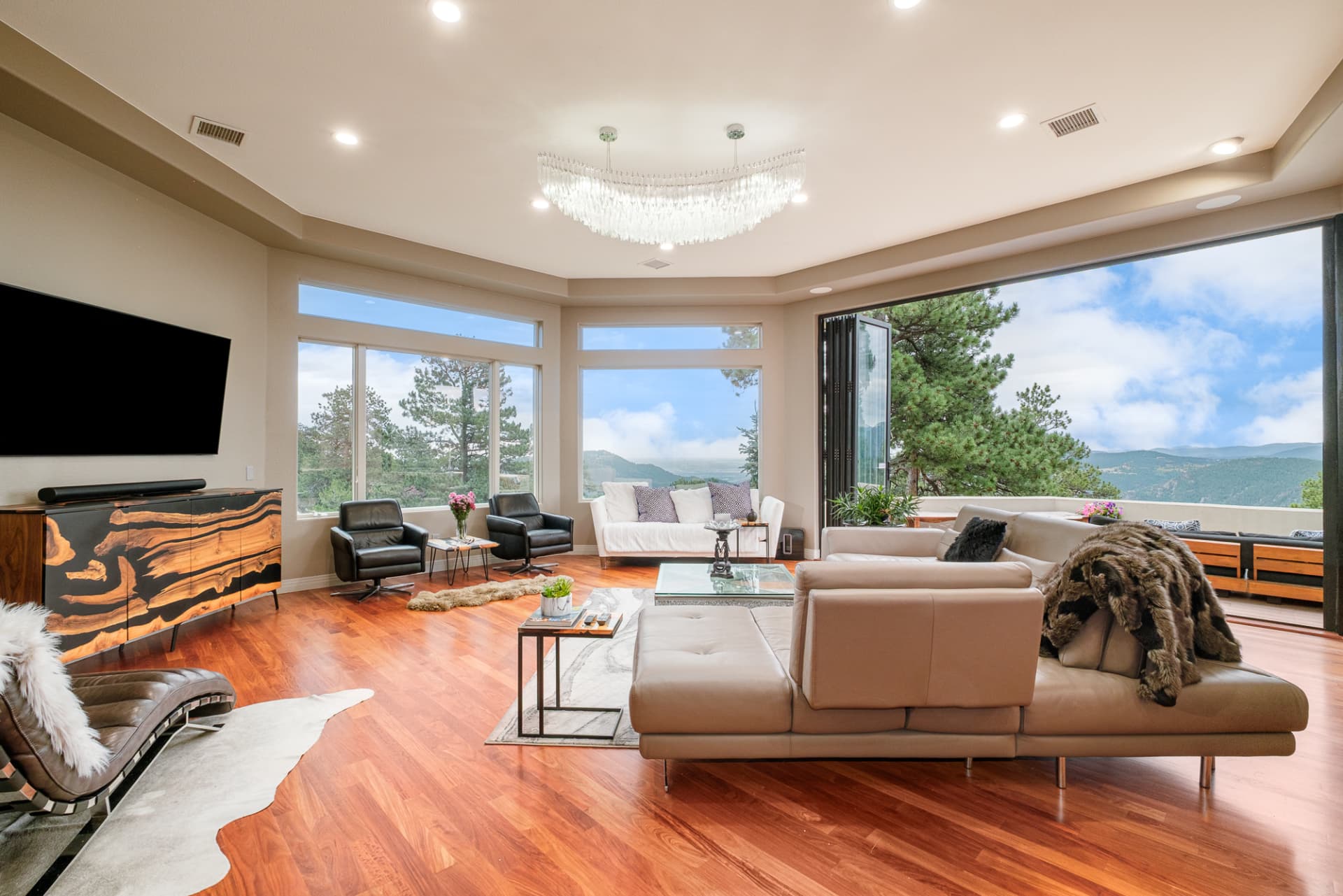 Morning light across the great room with mountain views